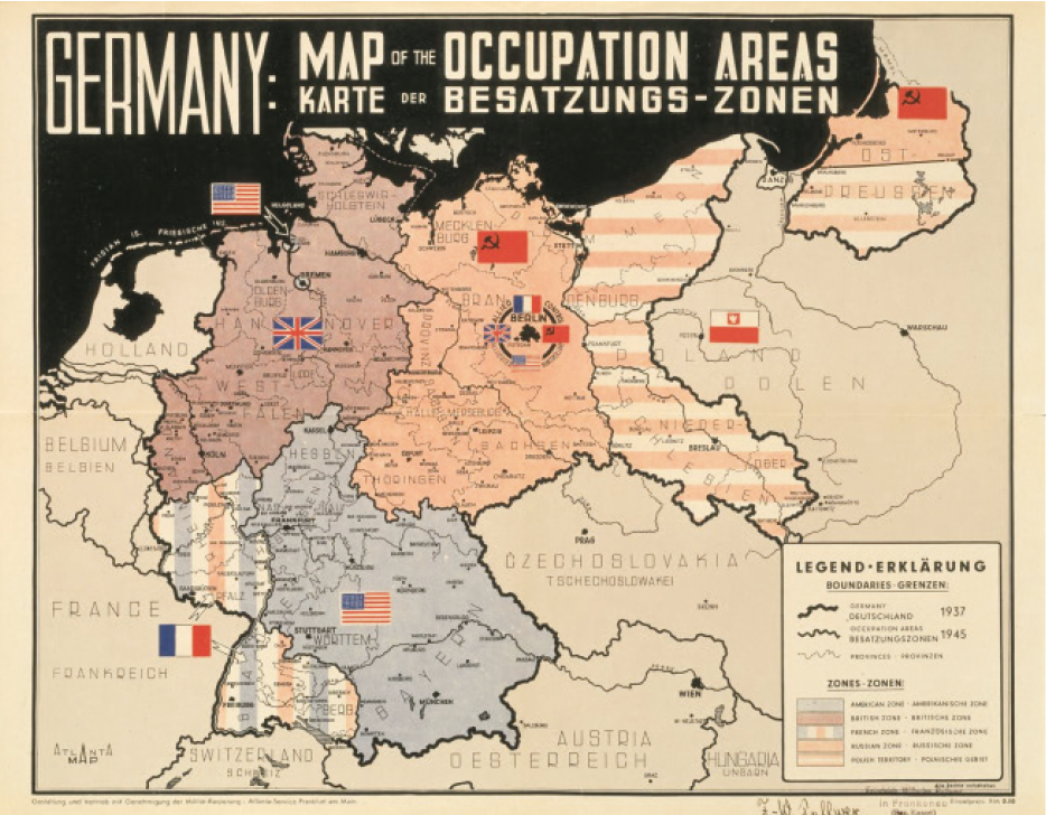 Diese Karte zeigt die Besatzungszonen Deutschlands nach dem Zweiten Weltkrieg, wie sie 1945 unter den Alliierten aufgeteilt wurden. Es handelt sich um eine zweisprachige Darstellung (Englisch und Deutsch) mit dem Titel: "GERMANY: MAP OF THE OCCUPATION AREAS / KARTE DER BESATZUNGS-ZONEN" 📍 Zonenaufteilung: Amerikanische Zone (blau) Süddeutschland: Bayern, Hessen, Teile von Baden-Württemberg Hauptquartier in Frankfurt am Main Britische Zone (braun) Nordwestdeutschland: Niedersachsen, Schleswig-Holstein, Nordrhein-Westfalen Hauptquartier in Bad Oeynhausen Französische Zone (hellblau) Südwestdeutschland: Rheinland-Pfalz, Südbaden, Südwürttemberg Kleinere Zone mit eigenem Einflussbereich Sowjetische Zone (rosa/rot) Ostdeutschland: Brandenburg, Sachsen, Sachsen-Anhalt, Thüringen, Mecklenburg Diese Zone wurde später zur DDR (Deutsche Demokratische Republik) Berlin Viersektorenstadt: Aufgeteilt zwischen USA, Großbritannien, Frankreich und Sowjetunion Symbol der späteren Blockkonfrontation (z. B. Berliner Luftbrücke 1948/49, Mauerbau 1961) Polnisch verwaltetes Gebiet (rot schraffiert im Osten) Ehemals deutsche Gebiete östlich der Oder-Neiße-Linie, die unter polnische Verwaltung gestellt wurden 🧭 Legende (rechts unten): Grenzen von 1937 = Vorkriegsdeutschland Besatzungsgrenzen 1945 = Festlegung durch Alliierte Polnische Zone = ehemals deutsches Territorium, nun unter polnischer Kontrolle Diese Karte ist ein historisches Schlüsselzeugnis für die Nachkriegsordnung Deutschlands. Sie bildet die Grundlage für die spätere Teilung Deutschlands in BRD und DDR sowie für den Beginn des Kalten Krieges.